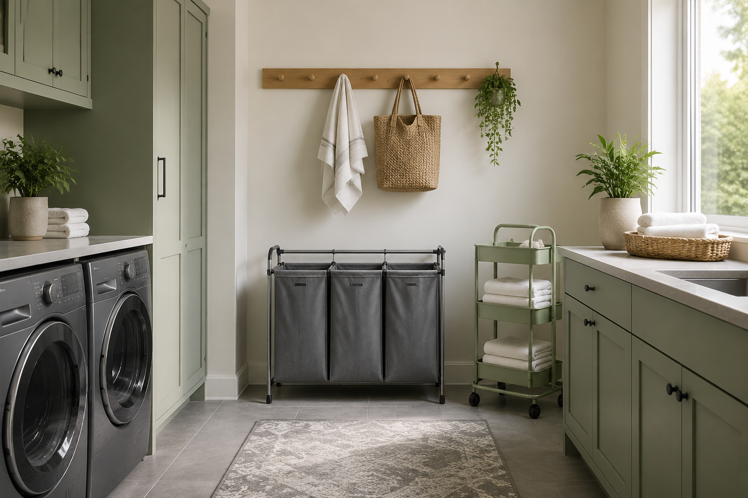 A calm, organized laundry room with sage cabinetry